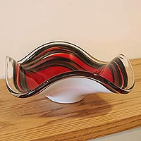 Art glass centerpiece, 'Red Wave' - Red and Black Striped Centerpiece in Brazilian Art Glass