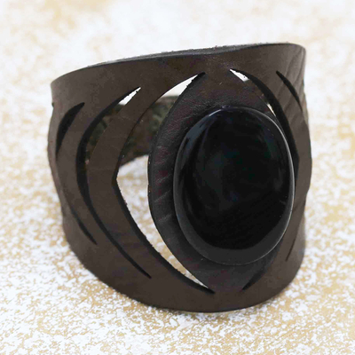 Agate and leather cuff bracelet, 'Black Energy' - Dark Brown Leather Cuff Bracelet With Black Agate