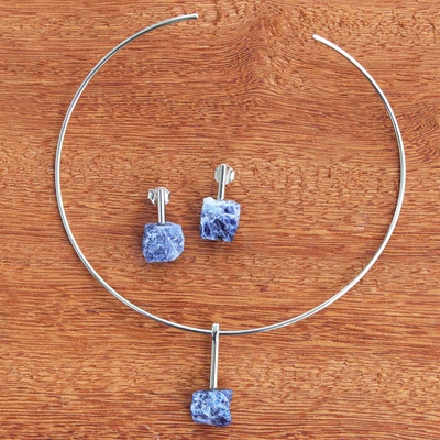 Sodalite jewelry set, 'Ocean Ice' - Rhodium Plated Choker and Earrings With Blue Sodalite