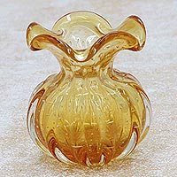 Hand blown art glass vase, 'Lemon Marmalade' (4 in wide) - Brazilian Ruffled Yellow Blown Art Glass Vase 4 Inch Wide