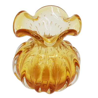 Mundgeblasene Kunstglasvase, (4 Zoll breit) - Brasilianische gerüschte gelbe Vase aus mundgeblasenem Kunstglas, 10,2 cm breit