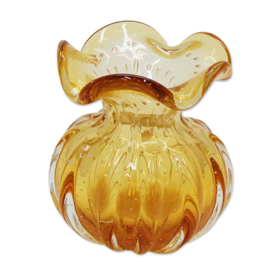 Mundgeblasene Kunstglasvase, (4 Zoll breit) - Brasilianische gerüschte gelbe Vase aus mundgeblasenem Kunstglas, 10,2 cm breit