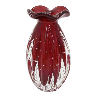 Brazilian Ruffled Red Blown Art Glass Vase 8 Inch Tall