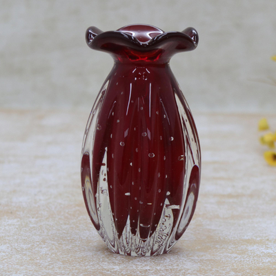 Hand blown art glass vase, 'Tall Strawberry Marmalade' (8 inch) - Brazilian Ruffled Red Blown Art Glass Vase 8 Inch Tall