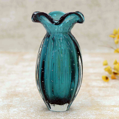 Hand blown art glass vase, 'Strawberry Marmalade' (4 inch) - Brazilian Hand Blown Ruffled Red Art Glass Vase (4 Inch)