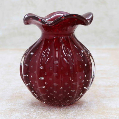 Hand blown art glass vase, 'Strawberry Marmalade' (6 inch) - Brazilian Hand Blown Ruffled Red Art 6 Inch Wide Glass Vase
