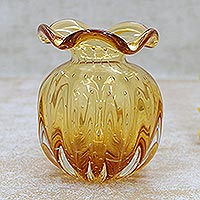 Hand blown art glass vase, 'Lemon Marmalade' (6 inch) - Brazilian Ruffled Yellow Blown Art Glass Vase 6 Inch Wide