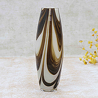 Glass vase, 'Chocolate and Cream' - Murano Style Cylindrical Glass Vase in Brown and Cream