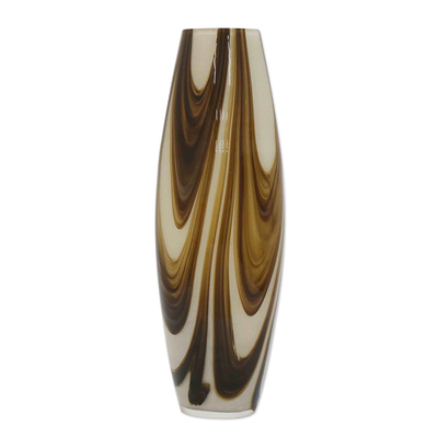 Murano Style Cylindrical Glass Vase in Brown and Cream
