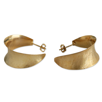 18K gold plated half hoop earrings, 'Brushed Leaf' - 18K Gold Plated Half Hoop Earrings with Curled Leaf Design