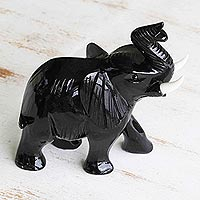 Dolomite sculpture, 'Raven Black Elephant' - Brazilian Black Dolomite Elephant Sculpture with Bone Tusks
