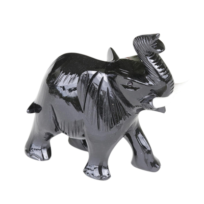 Dolomite sculpture, 'Raven Black Elephant' - Brazilian Black Dolomite Elephant Sculpture with Bone Tusks