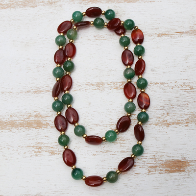 Halskette aus Achatperlen - Halskette aus grünem und braunem Achat mit 18 Karat vergoldeten Perlen