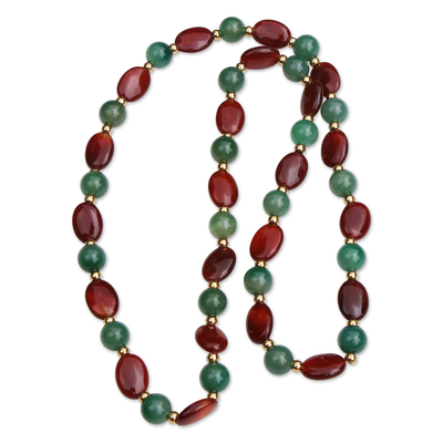 Halskette aus Achatperlen - Halskette aus grünem und braunem Achat mit 18 Karat vergoldeten Perlen