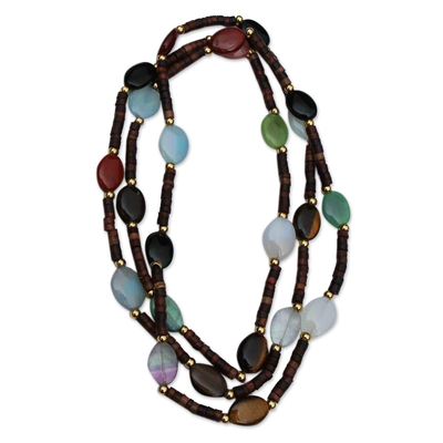Multi-gemstone beaded necklace, 'Brazilian Bounty' - Long Gemstone and Gold Plated Bead Necklace from Brazil