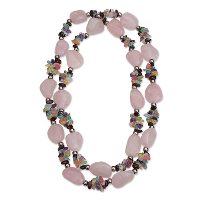 Brazilian Rose Quartz & Multi-Gemstone Long Beaded Necklace