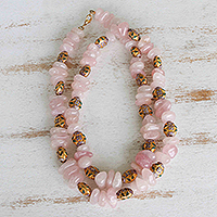 Rose quartz and gold plated bead necklace, 'Pink Cloisonne' - Brazilian Rose Quartz and Cloisonne 18K Gold Beaded Necklace