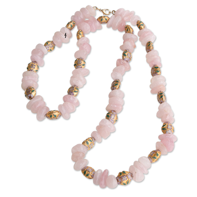 Rose quartz and gold plated bead necklace, 'Pink Cloisonne' - Brazilian Rose Quartz and Cloisonne 18K Gold Beaded Necklace