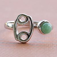 Green quartz cocktail ring, 'Sign of Cancer' - Rhodium Plated Cocktail Ring with Cancer Sign and Quartz