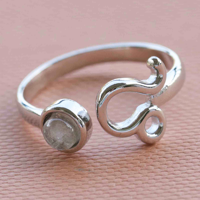 Quartz cocktail ring, 'Sign of Leo' - Leo Themed Rhodium Plated Cocktail Ring with Quartz