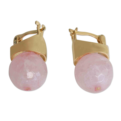 Gold plated rose quartz drop earrings, 'Pink Acorn' - Rose Quartz and 18K Gold Plated Saddleback Earrings