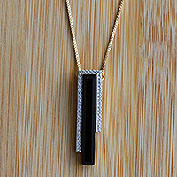Gold Plated onyx pendant necklace, 'Art Deco Glam' - Onyx and Cubic Zirconia Pendant Necklace with 18K Gold