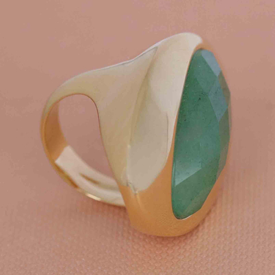 Gold plated quartz cocktail ring, 'Green Cat's Eye' - Oval Green Quartz Cocktail Ring in 18K Plated Gold