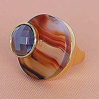 Gold plated smoky quartz and agate cocktail ring, 'Wood and Sea'