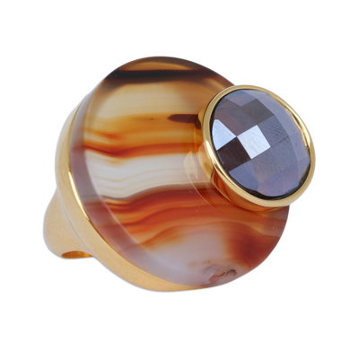 Gold plated smoky quartz and agate cocktail ring, 'Wood and Sea' - Agate and Smoky Quartz Cocktail Ring in 18K Plated Gold