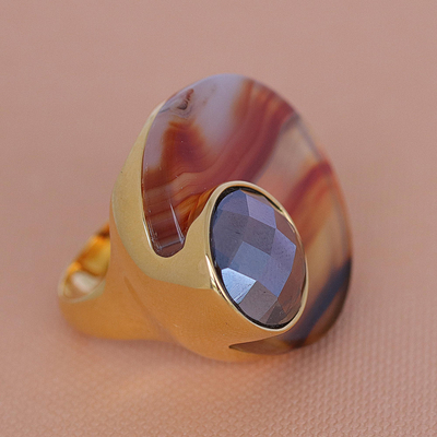 Gold plated smoky quartz and agate cocktail ring, 'Wood and Sea' - Agate and Smoky Quartz Cocktail Ring in 18K Plated Gold
