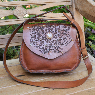 Vtg Hand Tooled Painted Brown Leather Flower Shoulder Bag Handbag Purse Boho