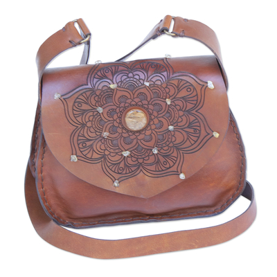 Leather shoulder bag, 'Caramel Mandala' - Leather Shoulder Bag with Mandala Design and Quartz