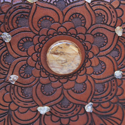 Bolso bandolera de piel - Bolso Bandolera de Piel con Diseño de Mandala y Cuarzo