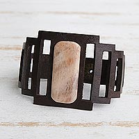 Moonstone and leather bracelet, 'Pink Stepping Stone' - Rectangular Cut Leather Band and Moonstone Bracelet