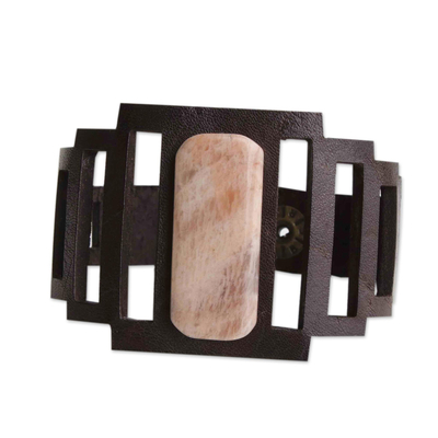 Pulsera de piedra lunar y cuero - Brazalete de correa de cuero de corte rectangular y piedra lunar