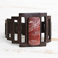 Lepidolite and leather bracelet, 'Coffee Stepping Stone' - Cut Leather Band Bracelet with Rectangular Lepidolite Stone
