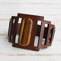 Tiger's eye and leather bracelet, 'Nutmeg Stepping Stone' - Tiger's Eye and Coffee Brown Leather Band Bracelet