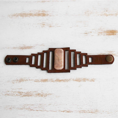 Moonstone and leather bracelet, 'Beige Stepping Stone' - Brazilian Coffee Brown Leather Bracelet with Beige Moonstone