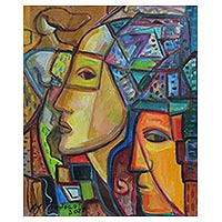 'Feminine Faces' - Earthtone Portrait Painting in Cubist Style from Brazil