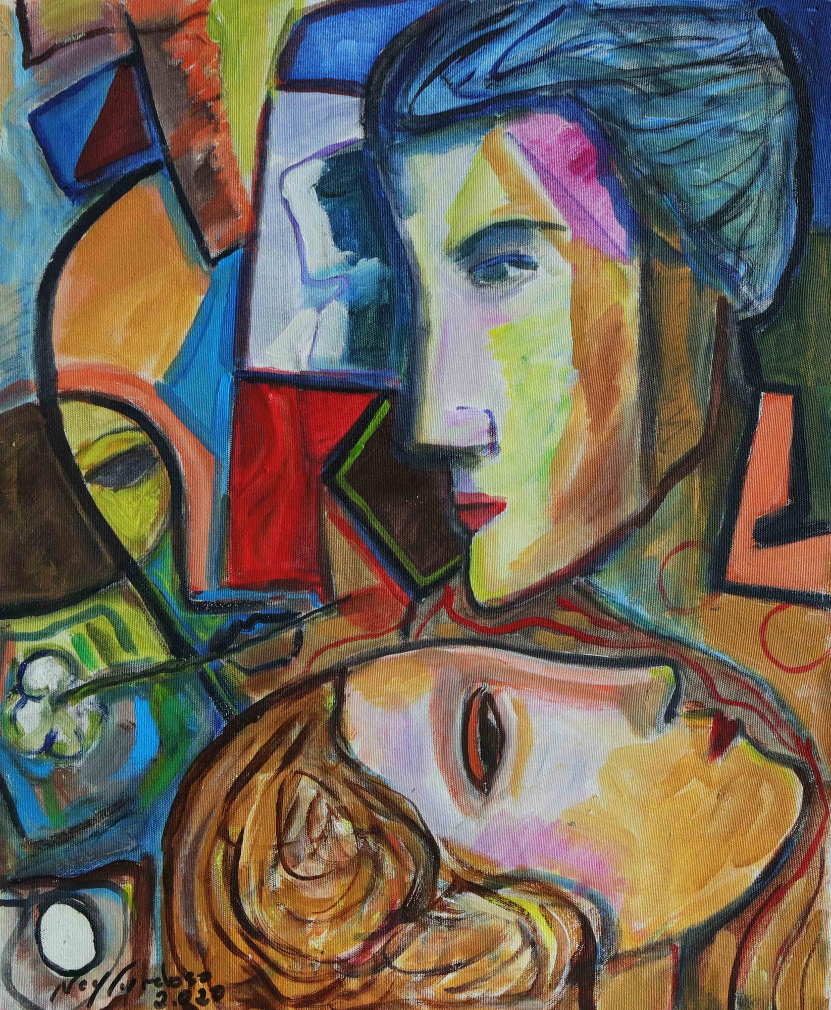 Original Brazilian Cubist Portrait Painting in Jewel colours - Three ...
