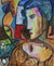 'Three Persons' - Original Brazilian Cubist Portrait Painting in Jewel colours