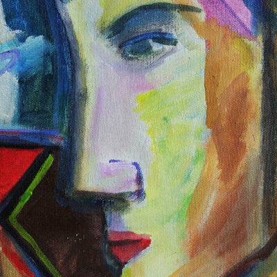 'Three Persons' - Original Brazilian Cubist Portrait Painting in Jewel Colors