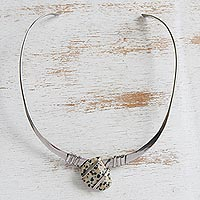 Jasper pendant necklace, 'Dalmatian Love' - Dalmatian Jasper Stone and Stainless Steel Necklace