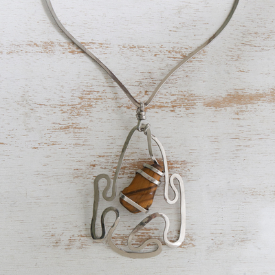 Stainless steel pendant necklace, 'Noble Tiger' - Stainless Steel Necklace with Tigers Eye Pendant
