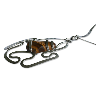 Stainless steel pendant necklace, 'Noble Tiger' - Stainless Steel Necklace with Tigers Eye Pendant