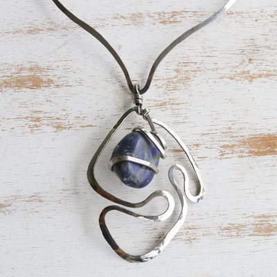 Sodalite pendant necklace, 'Blue Duchess' - Stainless Steel Choker Necklace with Asymmetrical Pendant
