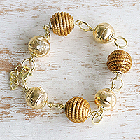 Gold plated golden grass station bracelet, 'Delicate Spheres' - Golden Grass and 18K Gold Plated Bracelet from Brazil