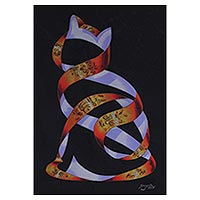 Impresión giclée sobre lienzo, 'Gato egipcio' - Impresión giclée de gato jeroglífico abstracto surrealista sobre lienzo