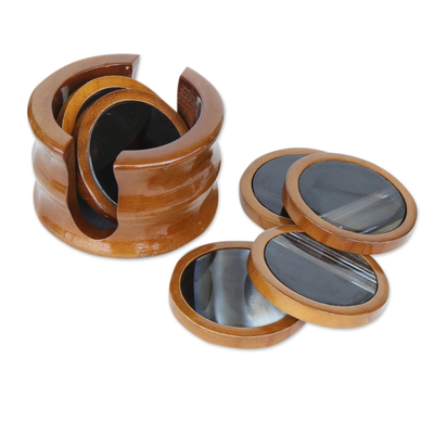 Black Agate and Natural Wood Coasters and Holder (Set for 6)
