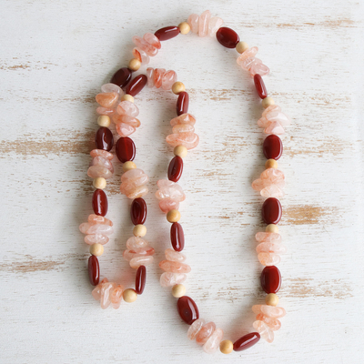 Quartz and agate beaded necklace, 'Salmon Beach' - Red and Pink Gemstone Necklace in Quartz Agate and Coconut